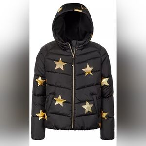 Rothschild Black Puffer Jacket with Gold Star Print and Hood
